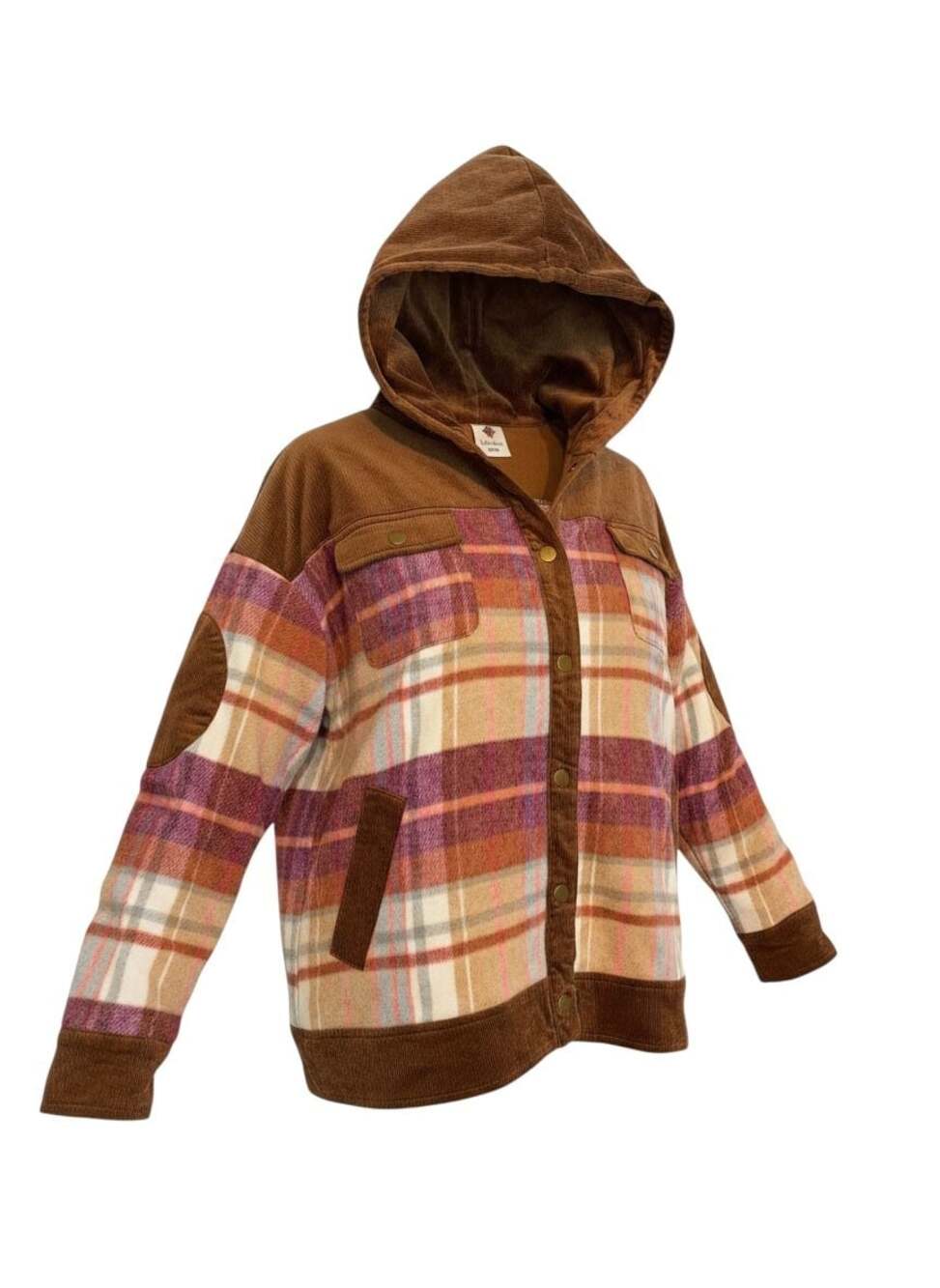 Like Love Women's Plaid Patchwork Corduroy Hooded Button-Up Shirt Jacket